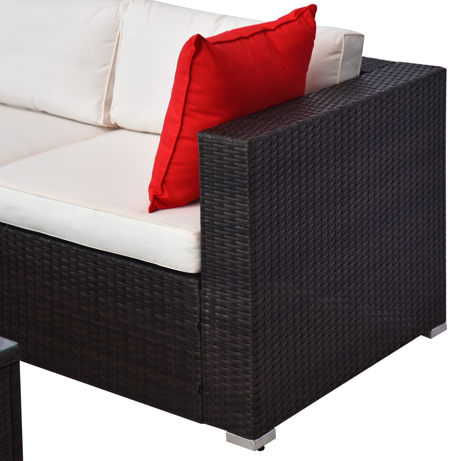5-Piece Patio Furniture Set with Cushions, Outdoor PE Rattan Wicker Sofa Set, Sectional Furniture with Pillows, Glass Coffee Table for Garden, Backyard, Brown/Cream White - Image 6