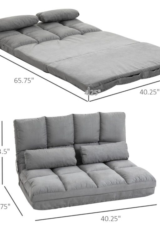 Convertible Floor Sofa Chair, Folding Couch Bed, Guest Chaise Lounge with 2 Pillows, Adjustable Backrest and Headrest, 40.25" L, Light Gray