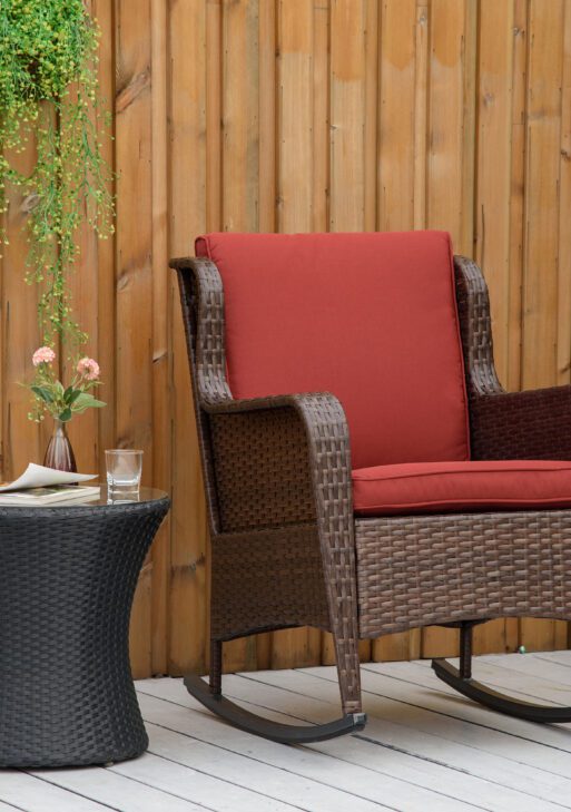Outdoor Wicker Rocking Chair, Rattan Rocker with Cushions, Steel Frame for Patio, Garden, Backyard, Wine Red