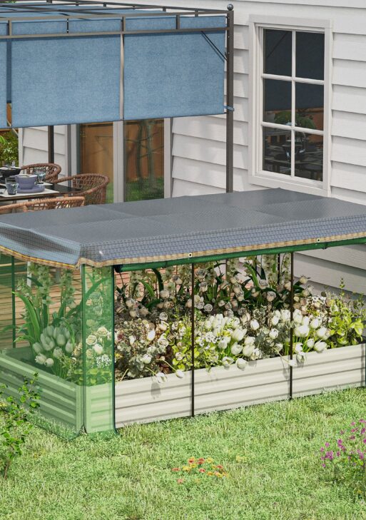 Galvanized Steel Planter Box with Crop Cage and Shade Cloth, Raised Garden Bed for Flowers, Veggies and Herbs, Beige