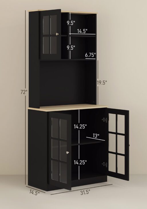 Kitchen Pantry Storage Cabinet, 72" Freestanding Cabinet with Hutch, Large Countertop, Glass Doors and Adjustable Shelves for Dining Room, Black