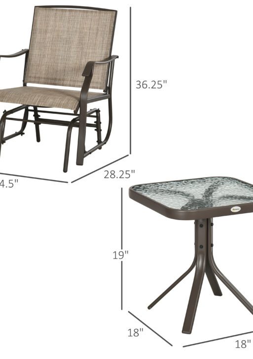 3 Piece Outdoor Glider Chair with Coffee Table Bistro Set, 2 Patio Rocking Swing Chairs with Breathable Sling Fabric, Glass Tabletop, for Backyard, Garden and Porch, Mixed Brown