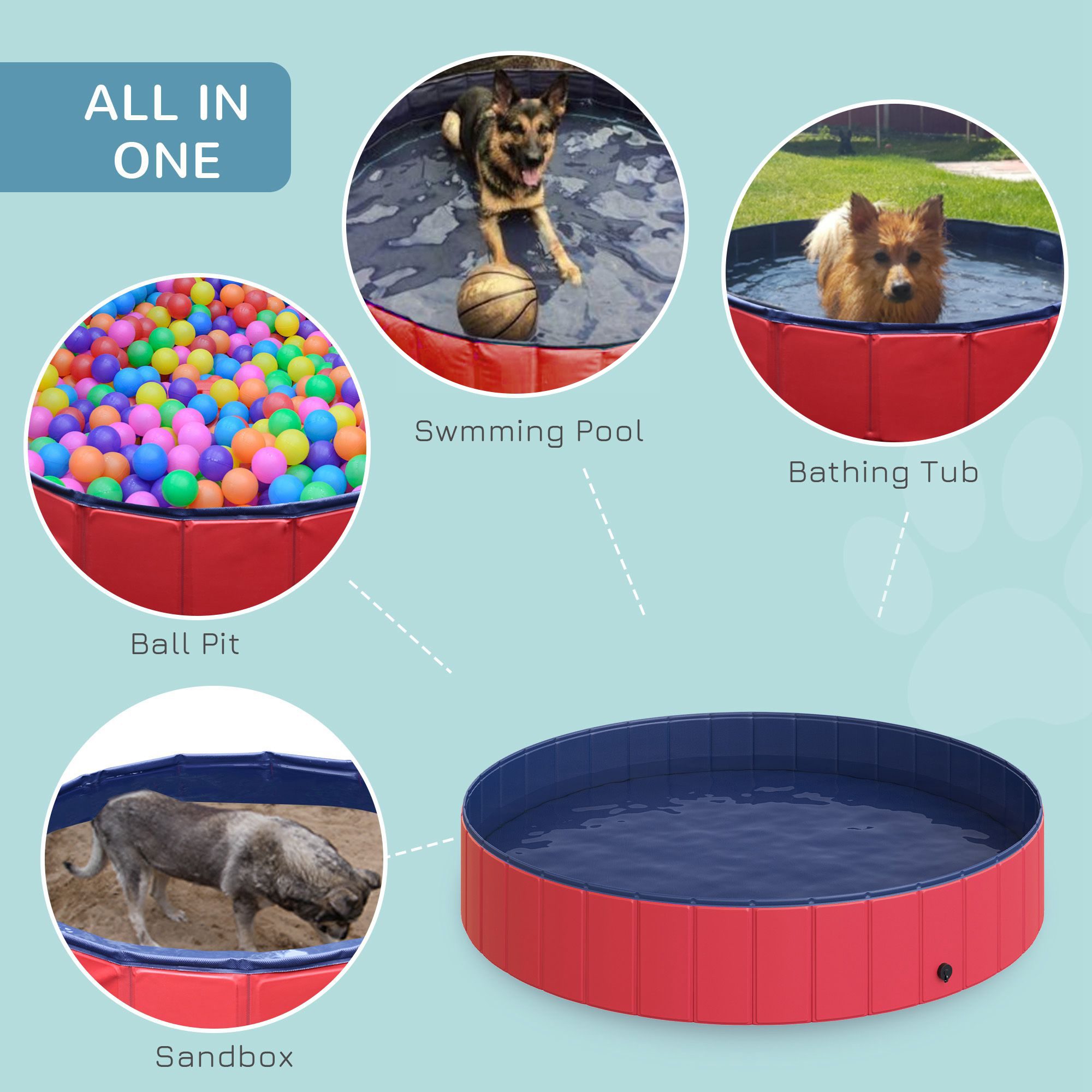 Foldable Pet Swimming Pool, Portable Dog Bathing Tub, 12" x 63" Plastic Large Dog Pool for Outdoor Dogs and Cats, Red - Image 5