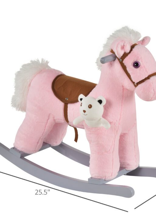 Kids Plush Ride-On Rocking Horse with Bear Toy, Children Chair with Soft Plush Toy & Fun Realistic Sounds, Pink