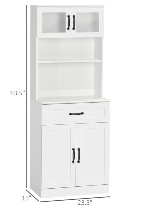 Freestanding Kitchen Pantry, 4-Door Buffet Cabinet with Hutch, Coffee Bar with Adjustable Shelves, 63.5 Inches, White