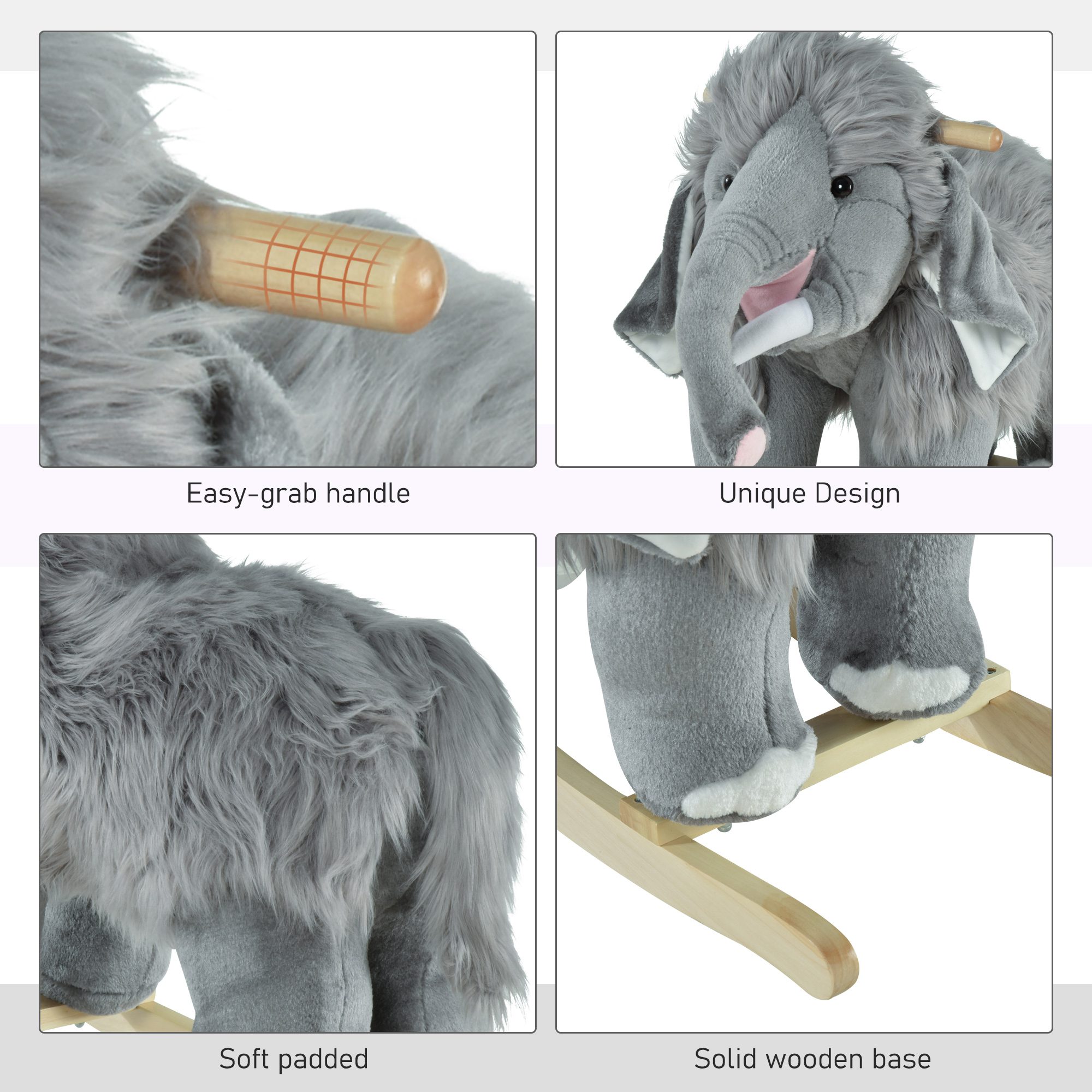 Kids Ride-On Rocking Horse Toy Mammoth Style Rocker with Fun Music & Soft Plush Fabric for Children 3+ Years - Image 4