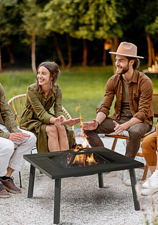 34" Fire Pit with Grill, Metal Outdoor Wood Burning Firepit with Spark Screen, Fire Poker, Cover, Table Lip, Black