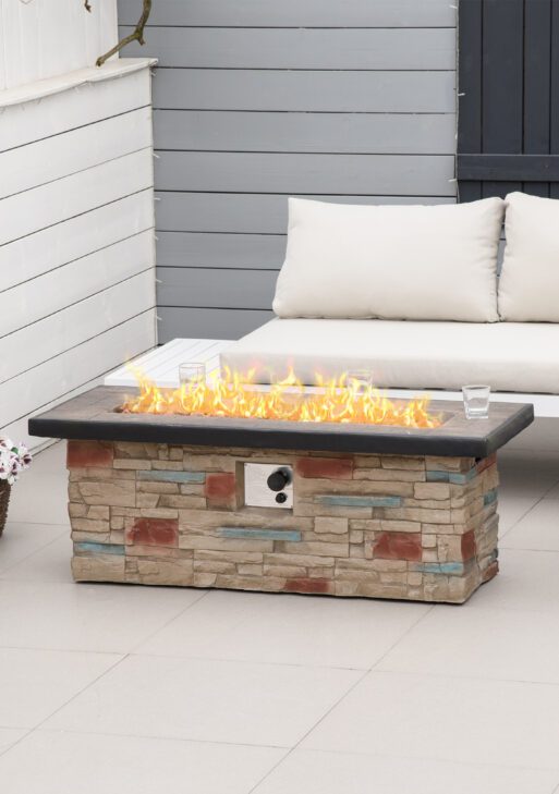 48 Inch Outdoor Propane Gas Fire Pit Table, 50,000 BTU Auto-Ignition Rectangular Faux Ledge Stone Gas Firepit with Lava Rocks and Rain Cover, CSA Certification, Brown