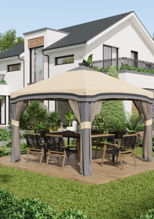10' x 10' Pop Up Canopy Tent with Netting, Instant Tents for Parties, Height Adjustable, with Wheeled Carry Bag and 4 Sand Bags for Outdoor, Garden, Patio, Beige
