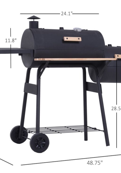 Charcoal BBQ, Portable Grill with Wheels, All-in-One Grill, Side vent, Two Shelves and Metal Grating, Lit-Mounted Thermometer, Wooden Handle, for Outdoor Cooking, Black