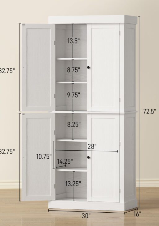 72" Kitchen Cabinet, Pantry Storage Cabinet with Doors and Shelves, Freestanding Food Pantry Cabinet, White Wood Grain
