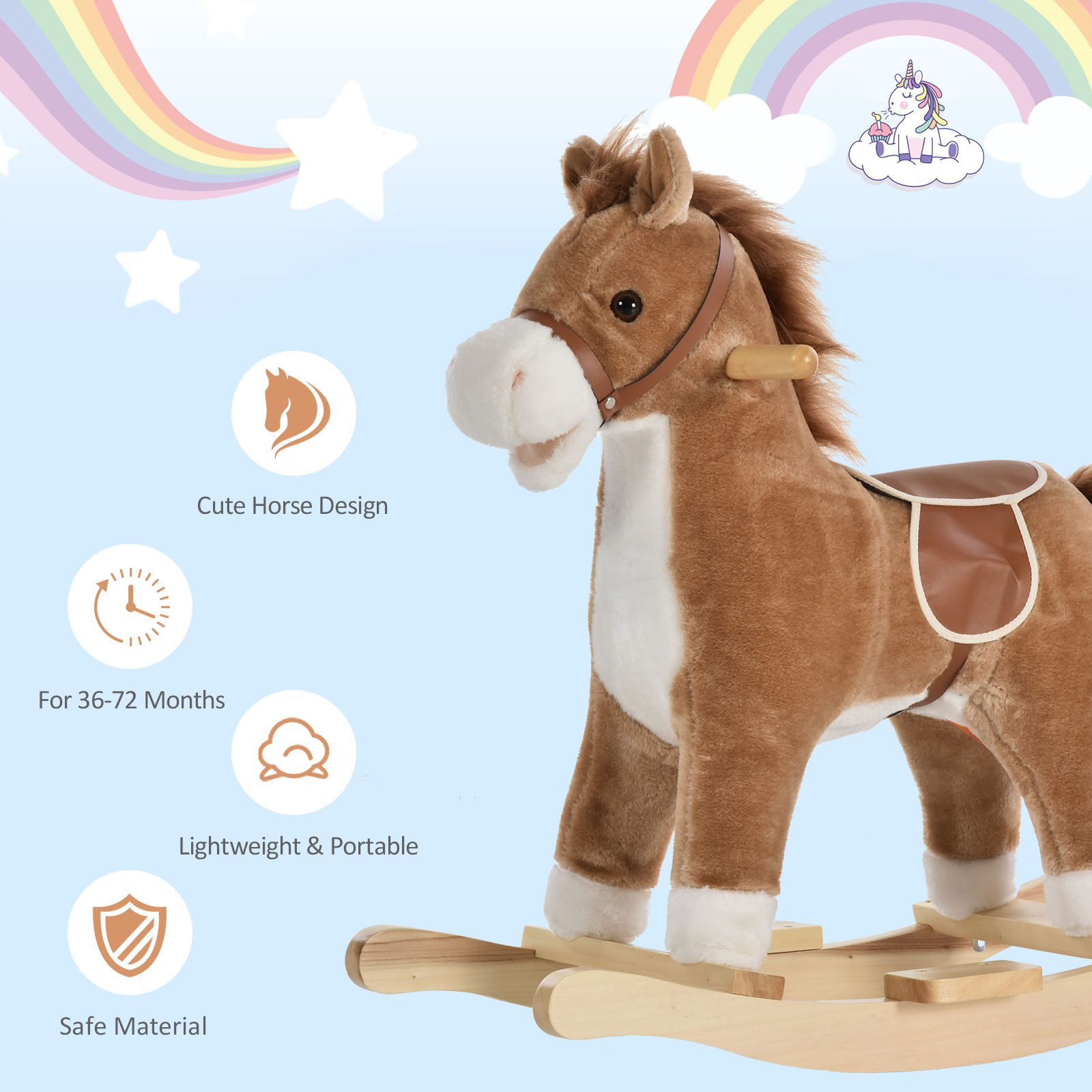 Rocking Horse Plush Animal on Wooden Rockers, Baby Rocking Chair with Sounds, Moving Mouth, Wagging Tail, Brown - Image 3