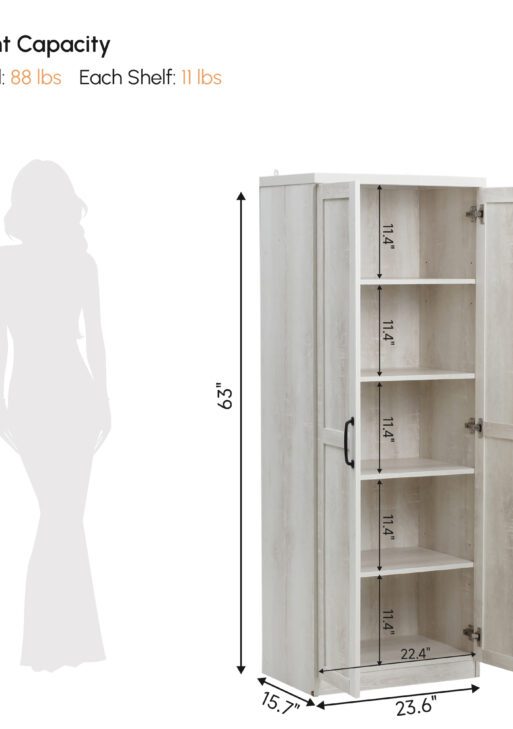 63" 2-Door Kitchen Pantry, Freestanding Storage Cabinet with 5-tier Shelving and 2 Adjustable Shelves for Dining Room, Antique White