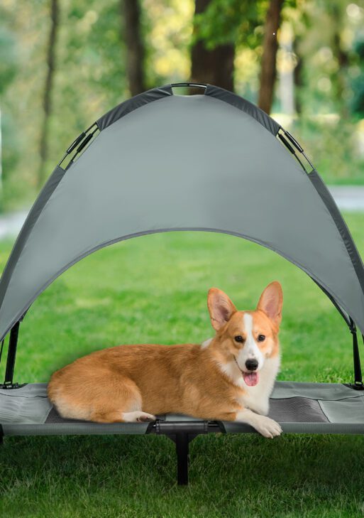 Elevated Dog Bed with Removable Canopy, Outdoor Dog Cot with UV Protection Canopy Shade, 36 inch Large Pet Bed for Camping, Gray