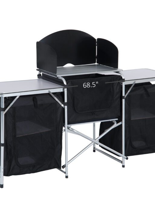 Camping Kitchen Table, Aluminum Portable Outdoor Cooking Table, Fold-Up Cook Station with Windscreen and 3 Enclosed Cupboards for BBQ, Party, Picnics, Backyards