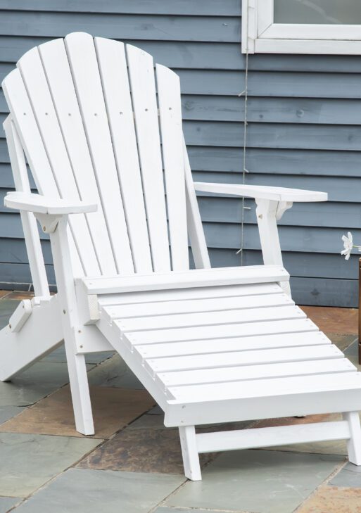 Folding Adirondack Chair with Pull Out Ottoman, Outdoor Fir Wood Fire Pit Chair with Footrest, Porch Fanback Lounge for Patio, Poolside Lawn Garden, White