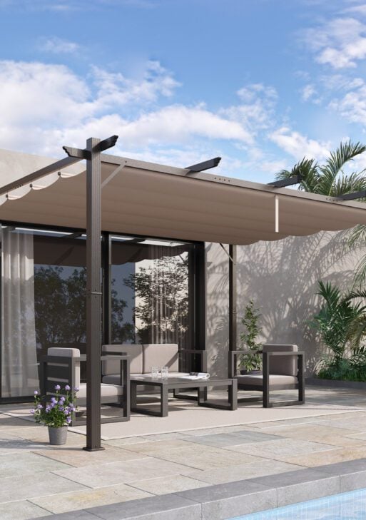 10' x 13' Aluminum Patio Pergola with Retractable Pergola Canopy, Backyard Shade Shelter for Porch, Outdoor Party, Garden, Grill Gazebo, Brown