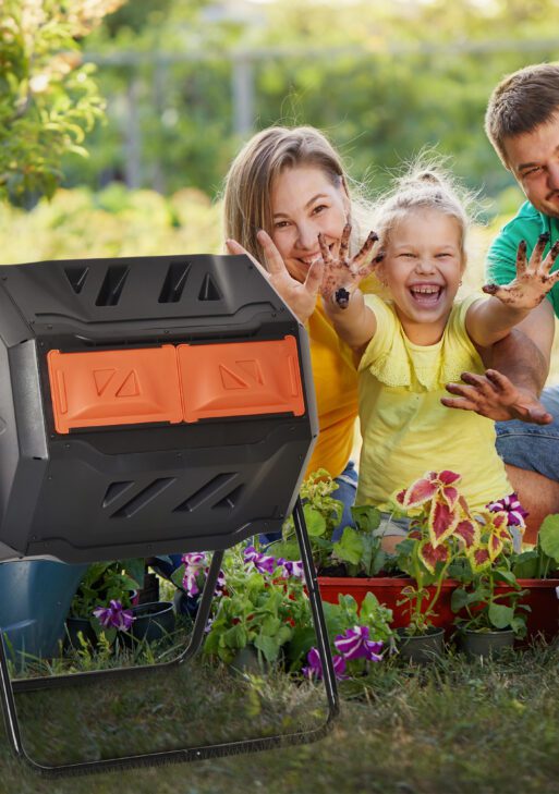 Tumbling Compost Bin Outdoor 360° Dual Chamber Rotating Composter 43 Gallon, Orange