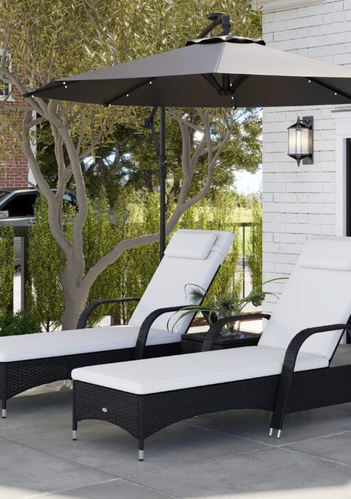 Wicker Outdoor Chaise Lounge Chair Set of 3 with Side Table, 5-Level Adjustable Backrest PE Rattan Pool Lounge Chair with Wheels, Cushion & Headrest, Black and Cream White