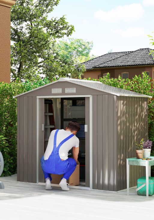 7' x 4' x 6' Outdoor Storage Shed Metal Garden Tool Storage Shed with Sloped Roof - Gray / White