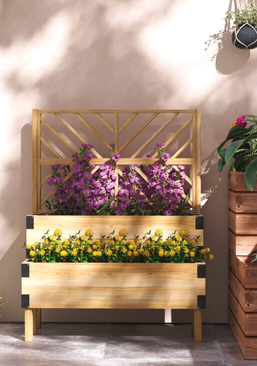 2 Tier Trellis Planter, Wooden Raised Garden Bed, Natural