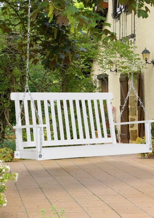 2-Seater Hanging Porch Swing Outdoor Patio Swing Chair Seat with Slatted Build and Chains, 440lbs Weight Capacity, White
