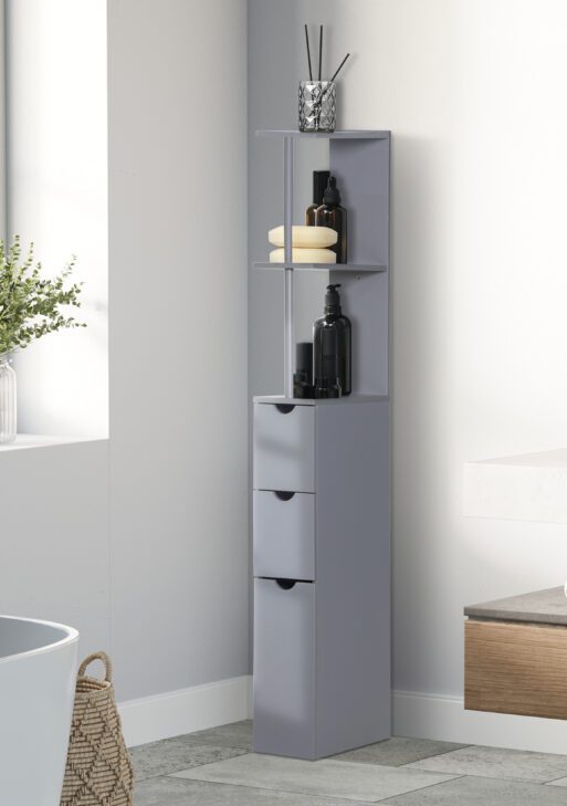 54" Tall Bathroom Storage Cabinet, Freestanding Linen Tower with 2-Tier Shelf and Drawers, Narrow Side Floor Organizer, Grey
