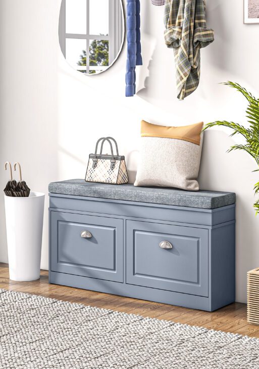 Modern Shoe Storage Bench, Entry Way Bench with Cushion, 2 Drawers, Storage Ottoman Bench, Holds 8 Pairs, Gray