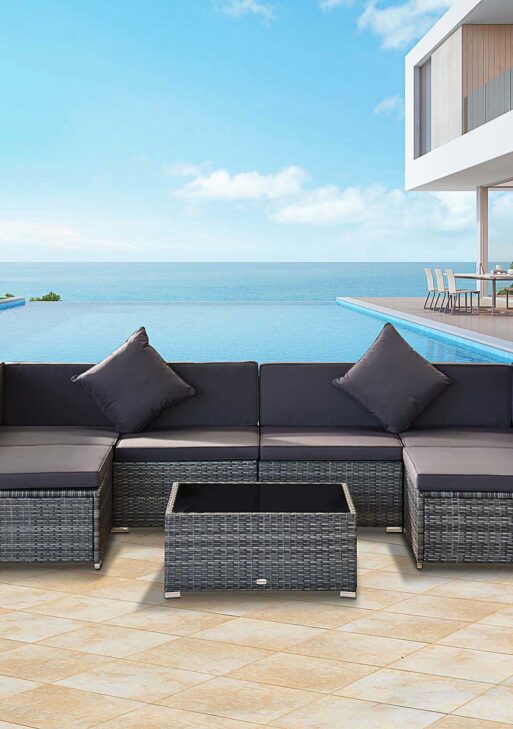 7-Piece Patio Furniture Set, Outdoor Wicker Conversation Set, All Weather PE Rattan Sectional Sofa Set with Cushions and Tempered Glass Top Coffee Table, Pillows, Gray