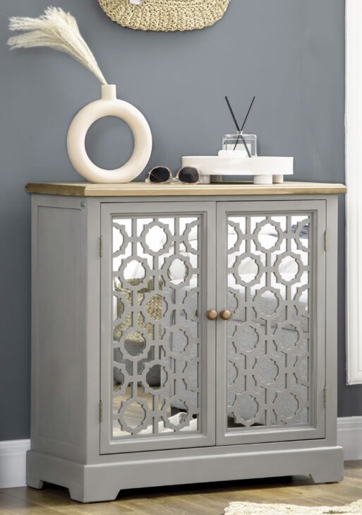 Farmhouse Sideboard Buffet Cabinet, Kitchen Storage Cabinet, Accent Cabinet with Double Glass Doors and Solid Wood Countertop for Kitchen, Living Room, Gray