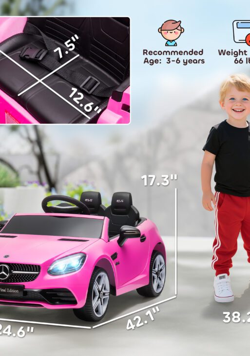 Mercedes SLC 300 Licensed Kids Electric Car with Remote Control, 12V Battery Powered Kids Ride on Car with Music, Lights, Suspension for 3-6 Years Old, Pink