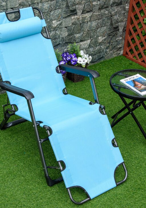Folding Chaise Lounge Chair for Outside, 2-in-1 Tanning Chair with Pillow & Pocket, Adjustable Pool Chair for Beach, Patio, Lawn, Deck, Blue
