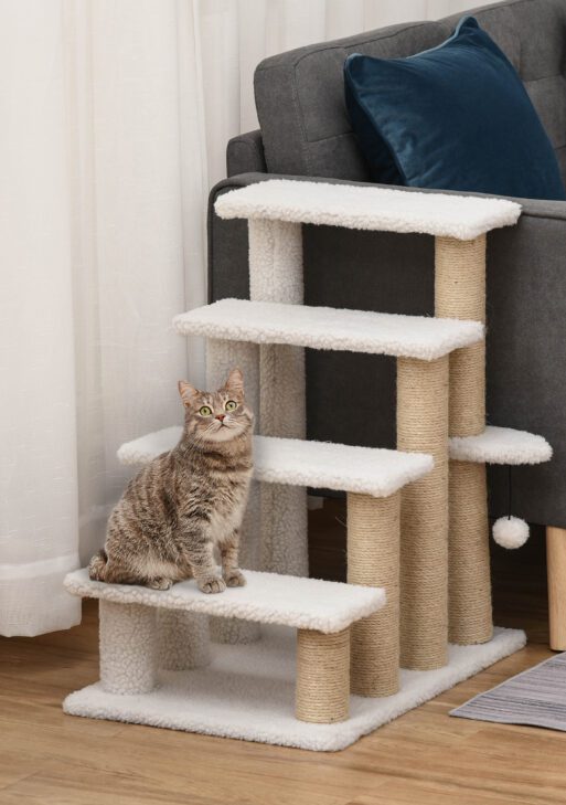 4 Levels Cat Steps with Scratching Posts for High Bed, Sofa, White