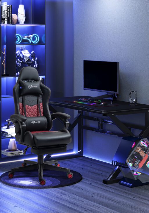 Racing Gaming Chair Diamond PU Leather Office Gamer Chair High Back Swivel Recliner with Footrest, Lumbar Support, Adjustable Height, Black