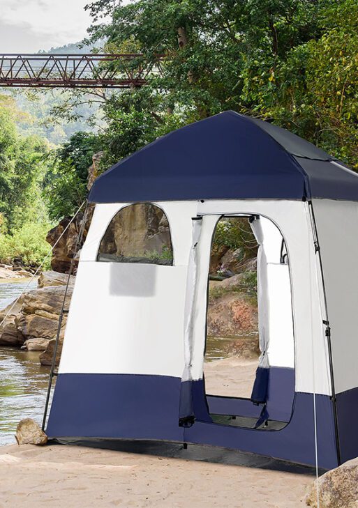 Two Room Pop Up Shower Tent with Shower Bag, Floor and Carry Bag, Blue