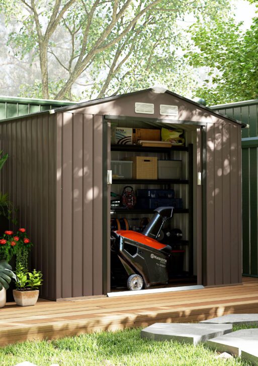 7x4 Storage Shed, Outdoor Garden Tool Shed with Foundation Kit, Vents & Sliding Doors for Backyard Patio, Brown
