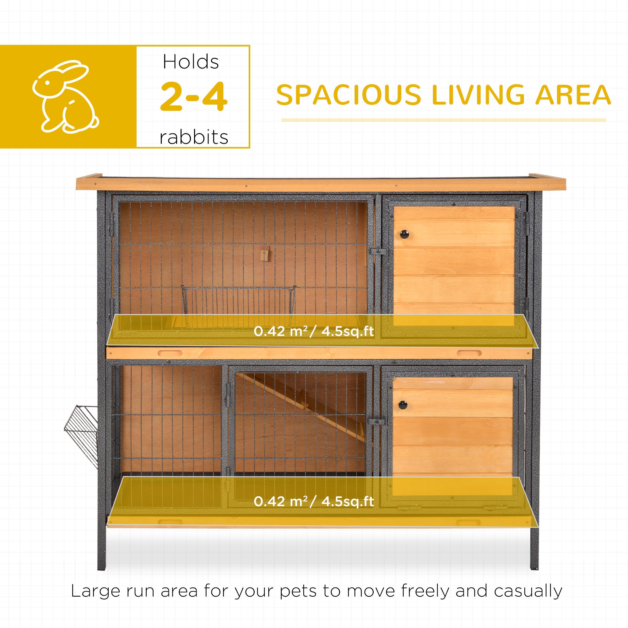 48" 2-Story Large Rabbit Hutch Bunny Cage Wooden Pet House Metal Frame with Rooms, Ramp, No Leak Tray, Feeding Trough, Waterproof Asphalt Roof for Rabbits, Chickens, Ducks, Outdoor/Indoor - Image 2