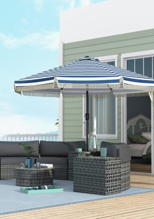 9ft Patio Umbrella Outdoor Table Umbrella w/ Tilt, Crank, Ruffled, 8 Ribs for Garden, Deck, Pool, Blue Stripe