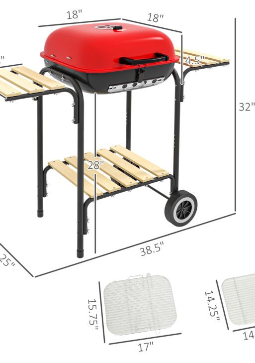 Portable BBQ Grill Charcoal Grill with Wheels Bottom Shelf, 2 Tables and Adjustable Vents for Backyard Cooking, Red