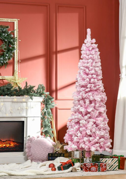6ft Tall Unlit Snow Flocked Artificial Christmas Tree Slim Pencil Xmas Tree with Pine Shape and Realistic Branches, Pink