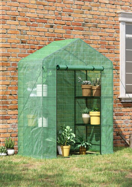 56" x 29" x 77" Walk-in Greenhouse, Garden Hot House with 3 Tier Shleves, Roll-Up Door and PE Cover, Green