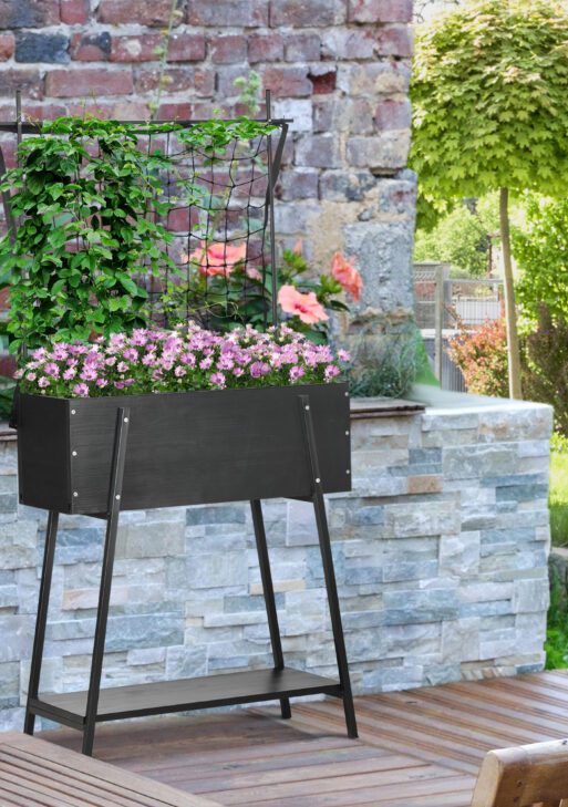 Raised Garden Bed with Trellis & Storage Shelf, Elevated Planter Box with Metal Legs, Bed Liner and Drainage Holes, for Vegetable Vines, Climbing Plants, Flowers, Black