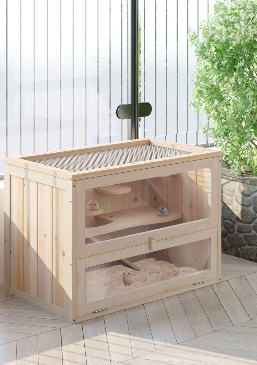 2-Level Hamster Cage Mice and Rat House, Small Animal Habitat for Guinea Pigs, Chinchillas with Openable Top, Front Door, Shelf and Ladder, Natural