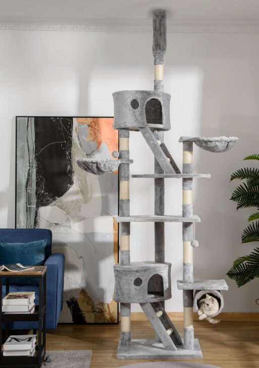 Floor to Ceiling Cat Tree, 94.5-102.5 inch Height Adjustable Cat Climbing Tower with Scratching Posts, Condos, Hammocks