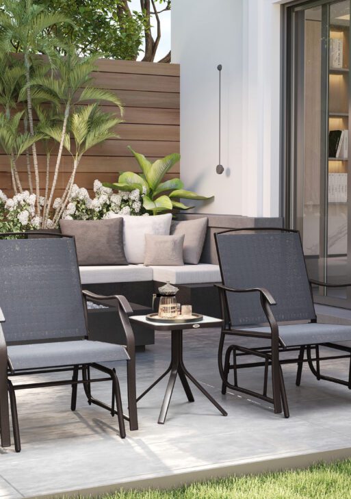 3 Piece Outdoor Glider Chair with Coffee Table Bistro Set, 2 Patio Rocking Swing Chairs with Breathable Sling Fabric, Glass Tabletop, for Backyard, Garden and Porch, Gray