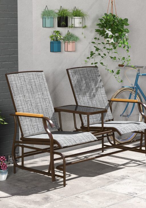 Outdoor 2-Person Glider Bench, Outside Glider Swing Chair Loveseat with Table, Steel Frame, Gray