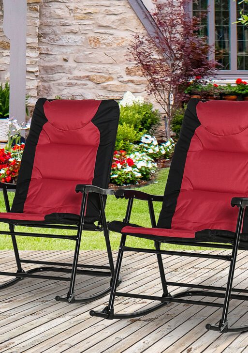 2 Piece Outdoor Patio Furniture Set with 2 Folding Padded Rocking Chairs, Bistro Style for Porch, Camping, Balcony, Red