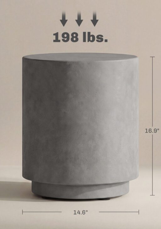 Lightweight Accent Table with Concrete Finish Round Side Table, Light Gray