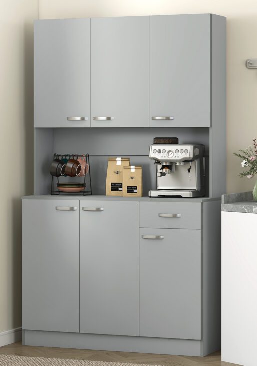71" Kitchen Pantry Cabinet, Tall Storage Cabinet with Microwave Stand, Modern Kitchen Hutch with Countertop, 6 Doors, Storage Drawer, 3 Adjustable Shelves for Living Room, Dining Room, Gray