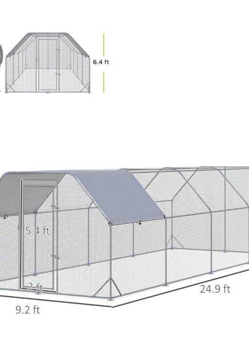 Large Chicken Coop Metal Chicken Run with Waterproof and Anti-UV Cover, Flat Shaped Walk in Fence Cage Hen House for Outdoor and Yard Farm Use, 1" Tube Diameter, 9.2' x 24.9' x 6.4'